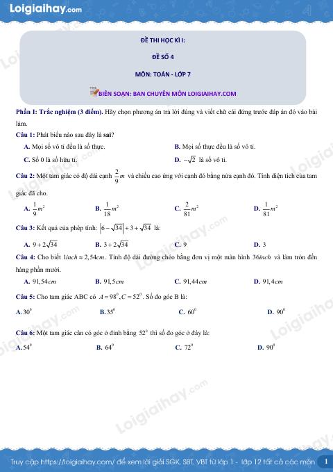 Đề thi học kì 1 Toán 7 - Đề số 4 - Kết nối tri thức